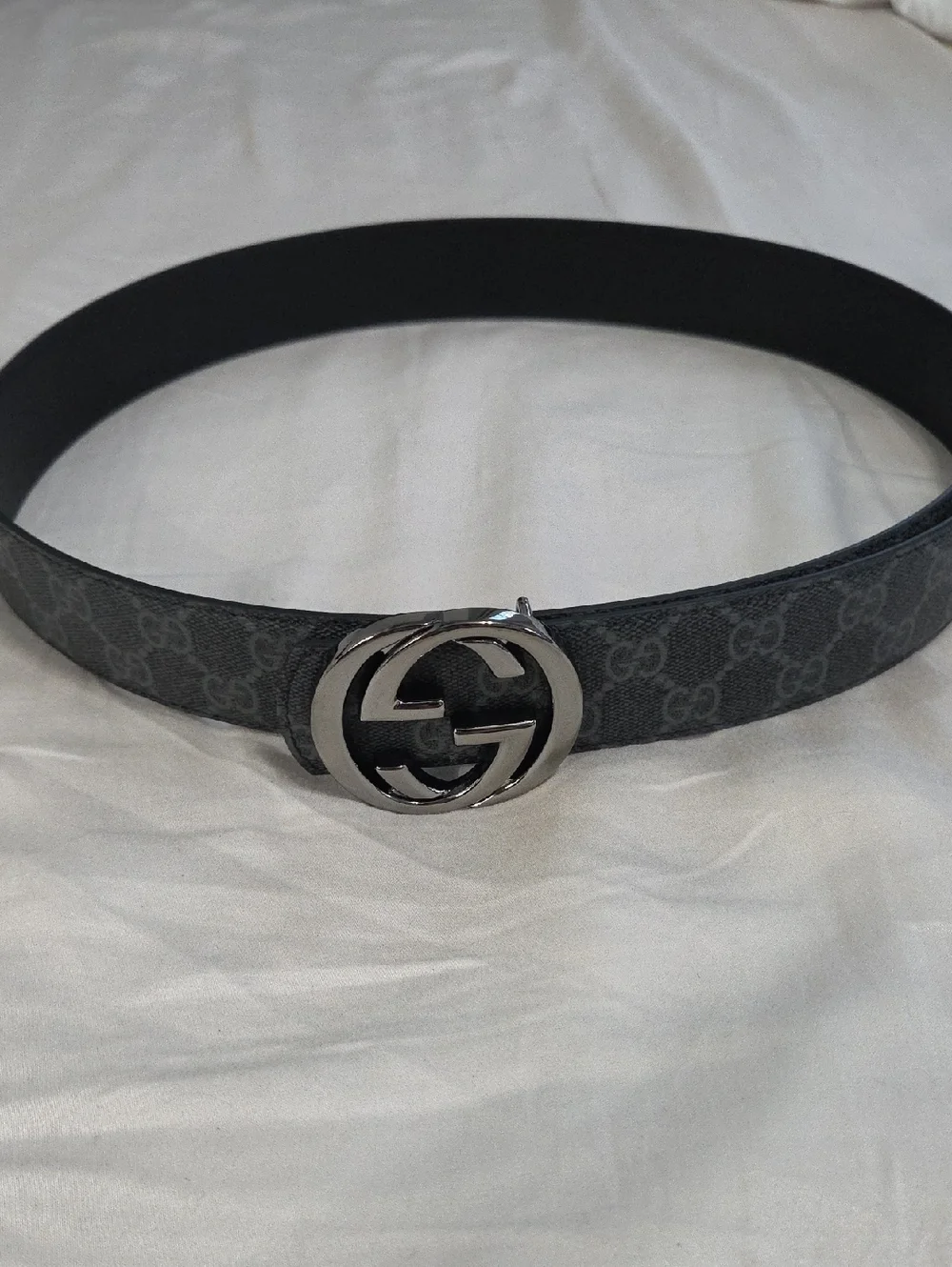 Gucci Reversible Gray Monogram GG Leather Belt with Silver Double G Buckle